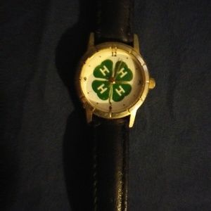 4-H watch. Black leather band. Vintage.